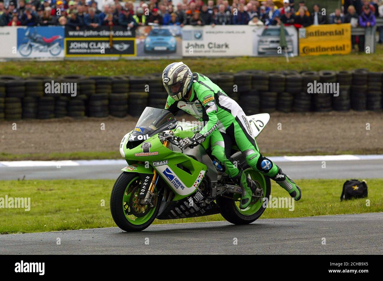 Kawasaki rider John McGuinness during the British Superbike Championship at Knockhill Race Circuit, Fife, Scotland. Stock Photo