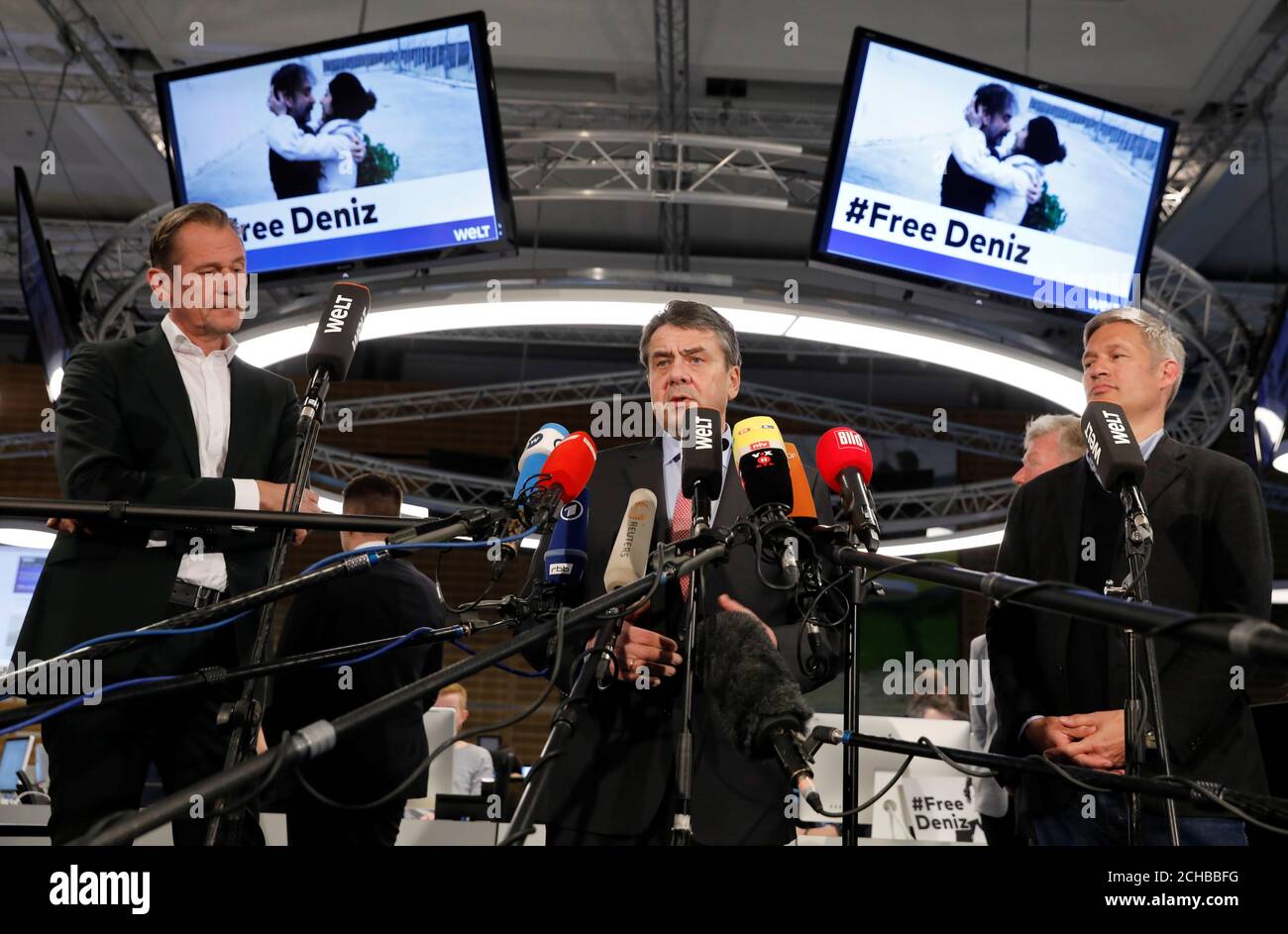 CEO of Springer SE Mathias Doepfner, German Foreign Minister Sigmar Gabriel and Die Welt editor-in-chief Ulf Poschardt give a statement the newsroom of Die Welt in Berlin, Germany, February 16,