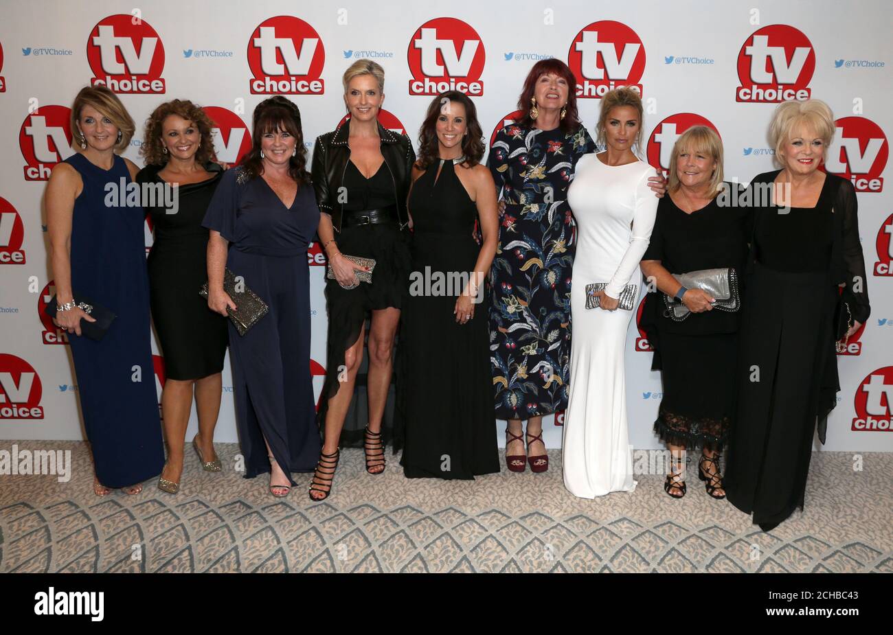 (left to right) Kaye Adams, Julia Sawalha, Coleen Nolan, Penny Lancaster, Andrea McLean, Janet Steet Porter, Katie Price, Linda Robson and Sherrie Hewson arriving for the TV Choice Awards 2016 held at The Dorchester Hotel, Park Lane, London. PRESS ASSOCIATION Photo. Picture date: Monday September 5, 2016. See PA story SHOWBIZ TVChoice. Photo credit should read: Daniel Leal-Olivas/PA Wire Stock Photo