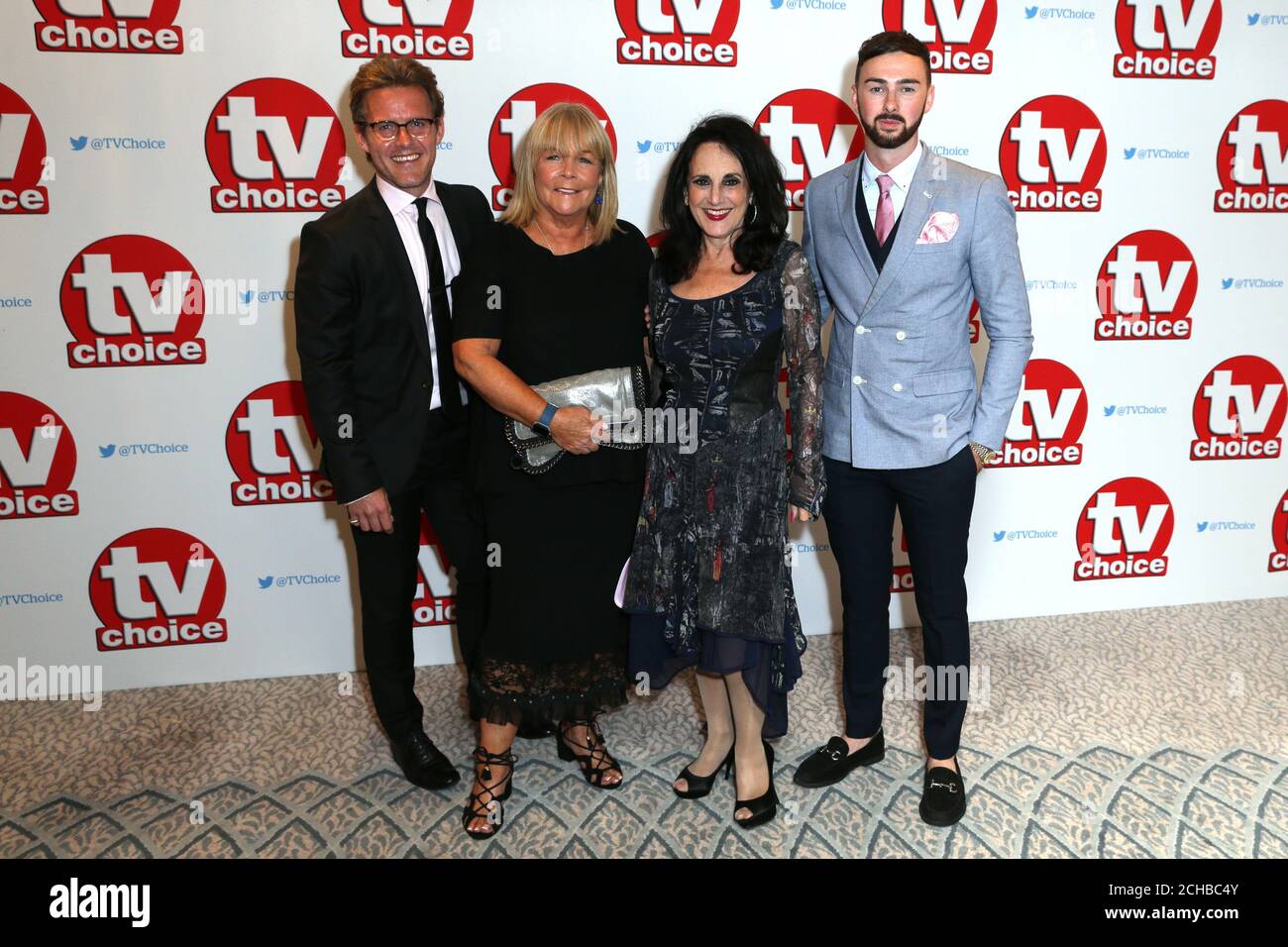 (left to right) Samuel James, Linda Robson, Lesley Joseph and Charlie Quirke arriving for the TV Choice Awards 2016 held at The Dorchester Hotel, Park Lane, London. PRESS ASSOCIATION Photo. Picture date: Monday September 5, 2016. See PA story SHOWBIZ TVChoice. Photo credit should read: Daniel Leal-Olivas/PA Wire Stock Photo
