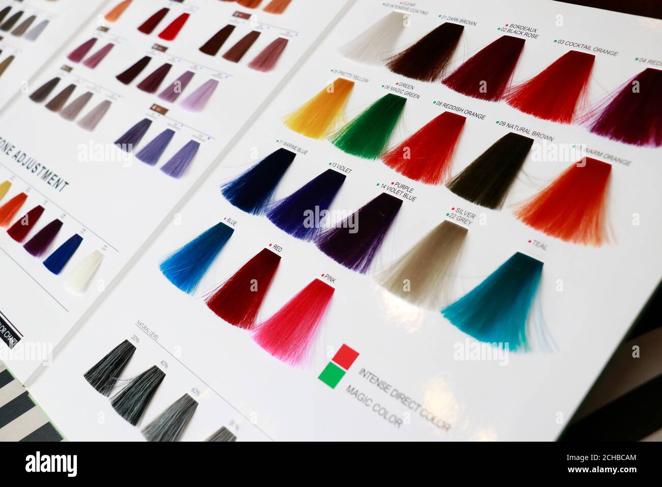 a hair color chart display some abnormal example color such as blue, pink,  green, orange and violet ect Stock Photo - Alamy