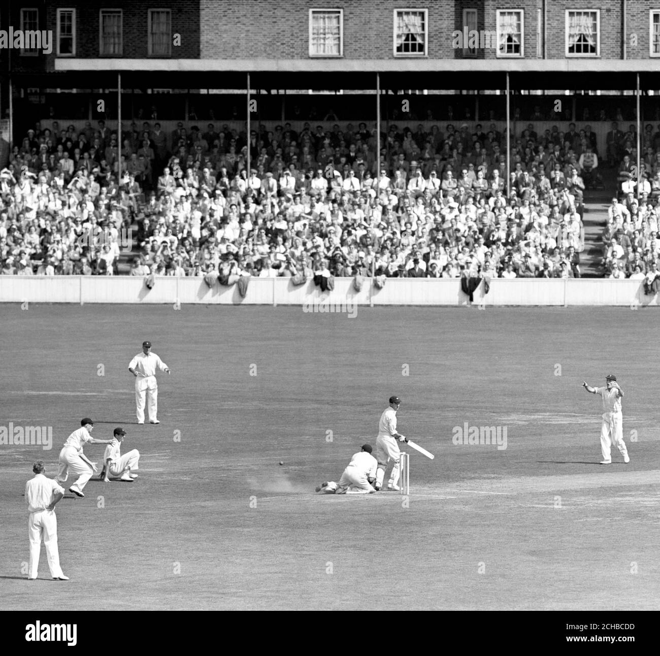 England's Len Hutton (batting) is out for obstructing the field during the third day of the final Test match at the Oval, London. England had just begun their second innings today. On his knees behind Hutton is South Africa wicketkeeper W.R. Endean. *Len Hutton is the only man given out this way in Test cricket. Stock Photo