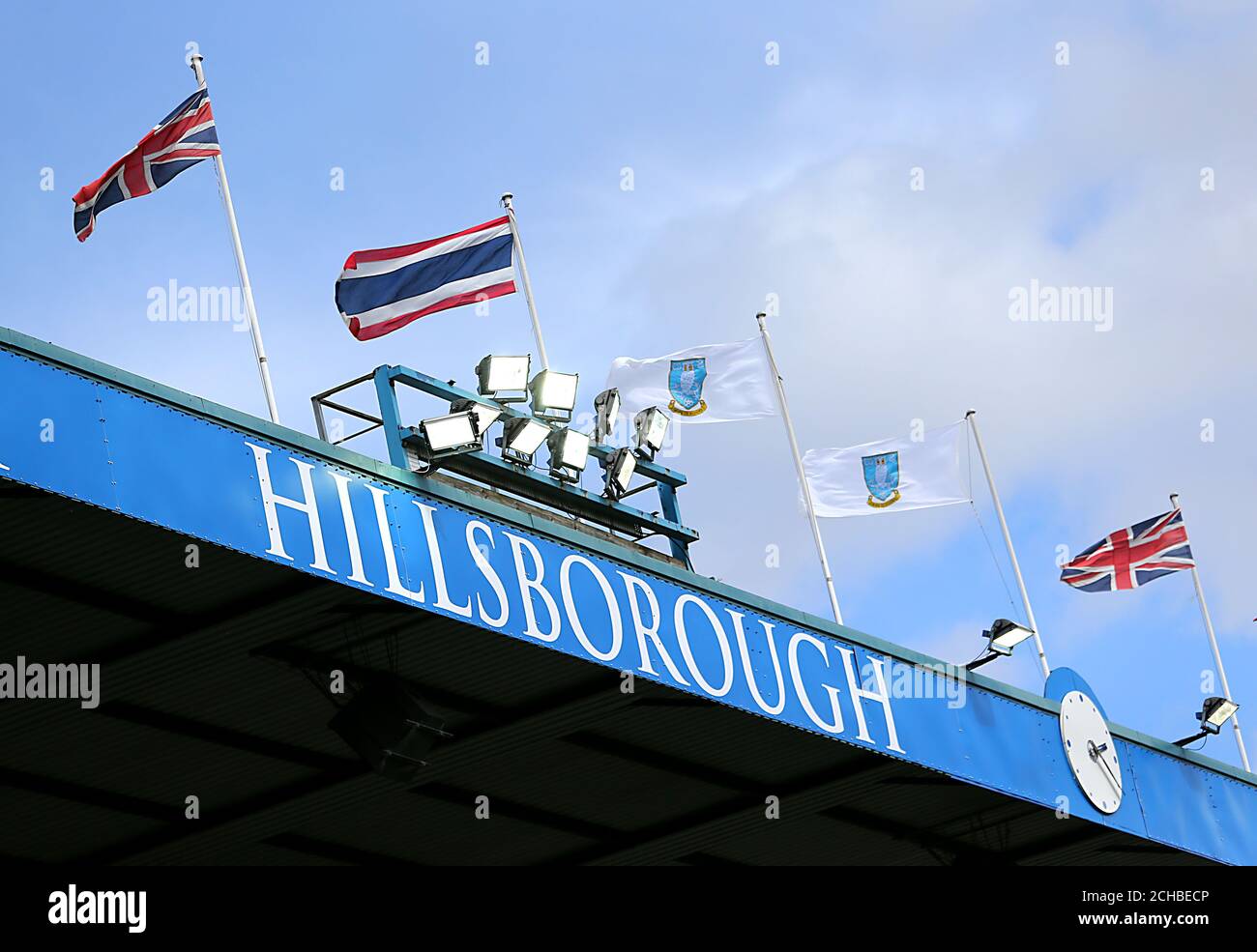 Flags blow in the wind at Hillsborough Stadium Stock Photo