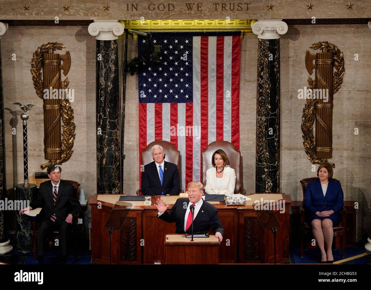 U.S. President Donald Trump delivers his second State of the Union address to a joint session of the U.S. Congress in the House Chamber of the U.S. Capitol on Capitol Hill in Washington, U.S. February 5, 2019. REUTERS/Joshua Roberts Stock Photo