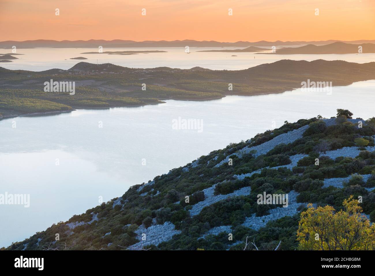 Sunset on Lake Vrana (Vransko Jezero) and Adriatic Islands, Croatia. Stock Photo