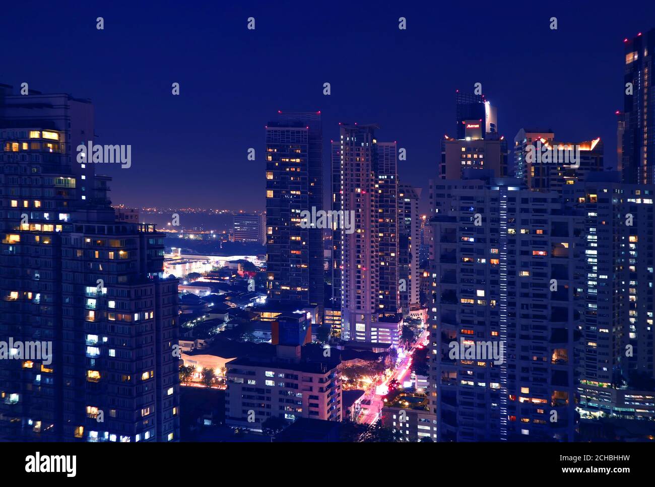 Fantastic Aerial View of Downtown Bangkok with Skyscrapers at Night in ...
