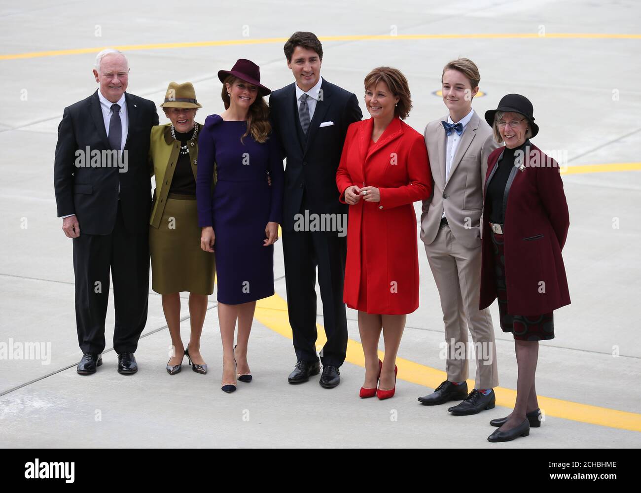 L-r Governor General of Canada David Johnston and his wife Sharon, Sophie Gregoire Trudeau the wife of Canadian Prime Minister Justine Trudeau, with The Premier of British Columbia Christy Clark as they await the arrival of the plane carrying The Duke and Duchess of Cambridge at Victoria International Airport on the first day of the Royal Tour to Canada. PRESS ASSOCIATION Photo. Picture date: Saturday September 24, 2016. See PA story ROYAL Canada. Photo credit should read: Andrew Milligan/PA Wire Stock Photo