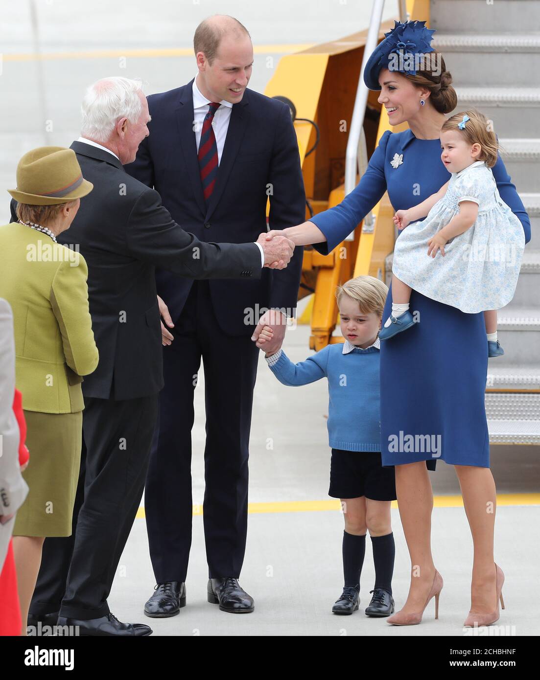 The Duke and Duchess of Cambridge with Princess Charlotte and Prince George with the Governor General of Canada David Johnston and his wife Sharon after arriving at Victoria International Airport on the first day of the Royal Tour to Canada. PRESS ASSOCIATION Photo. Picture date: Saturday September 24, 2016. See PA story ROYAL Canada. Photo credit should read: Andrew Milligan/PA Wire Stock Photo