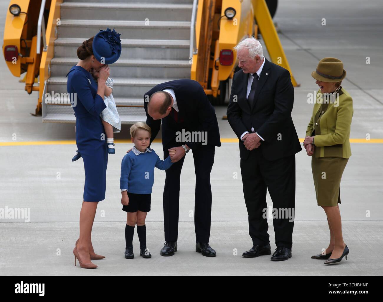 The Duke and Duchess of Cambridge with Princess Charlotte and Prince George with the Governor General of Canada David Johnston and his wife Sharon after arriving at Victoria International Airport on the first day of the Royal Tour to Canada. PRESS ASSOCIATION Photo. Picture date: Saturday September 24, 2016. See PA story ROYAL Canada. Photo credit should read: Andrew Milligan/PA Wire Stock Photo