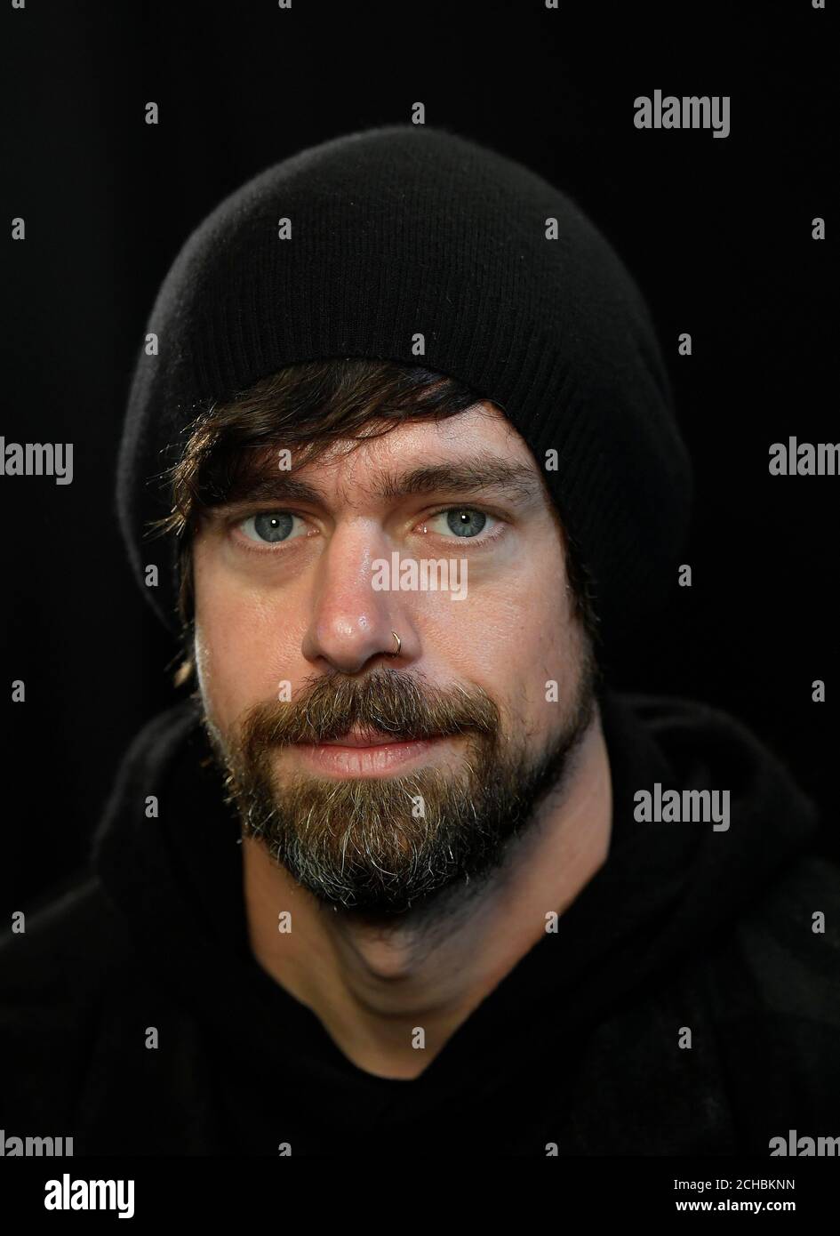 Jack Dorsey, co-founder of Twitter and fin-tech firm Square, sits for a portrait during an interview with Reuters in London, Britain, June 11, 2019. REUTERS/Toby Melville Stock Photo