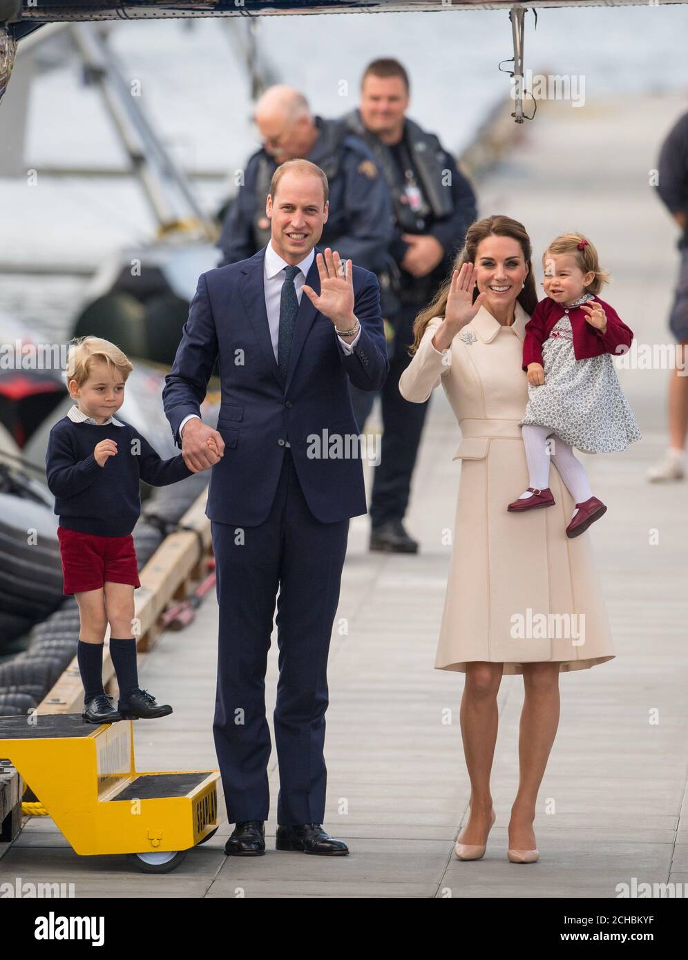 The Duke and Duchess of Cambridge, Prince George and Princess Charlotte wave to the crowd before departing by sea plane from Victoria Harbour Airport in Victoria, Canada, on the eighth day of the Royal Tour to Canada. PRESS ASSOCIATION Photo. Picture date: Saturday October 1, 2016. See PA story ROYAL Canada. Photo credit should read: Dominic Lipinski/PA Wire Stock Photo