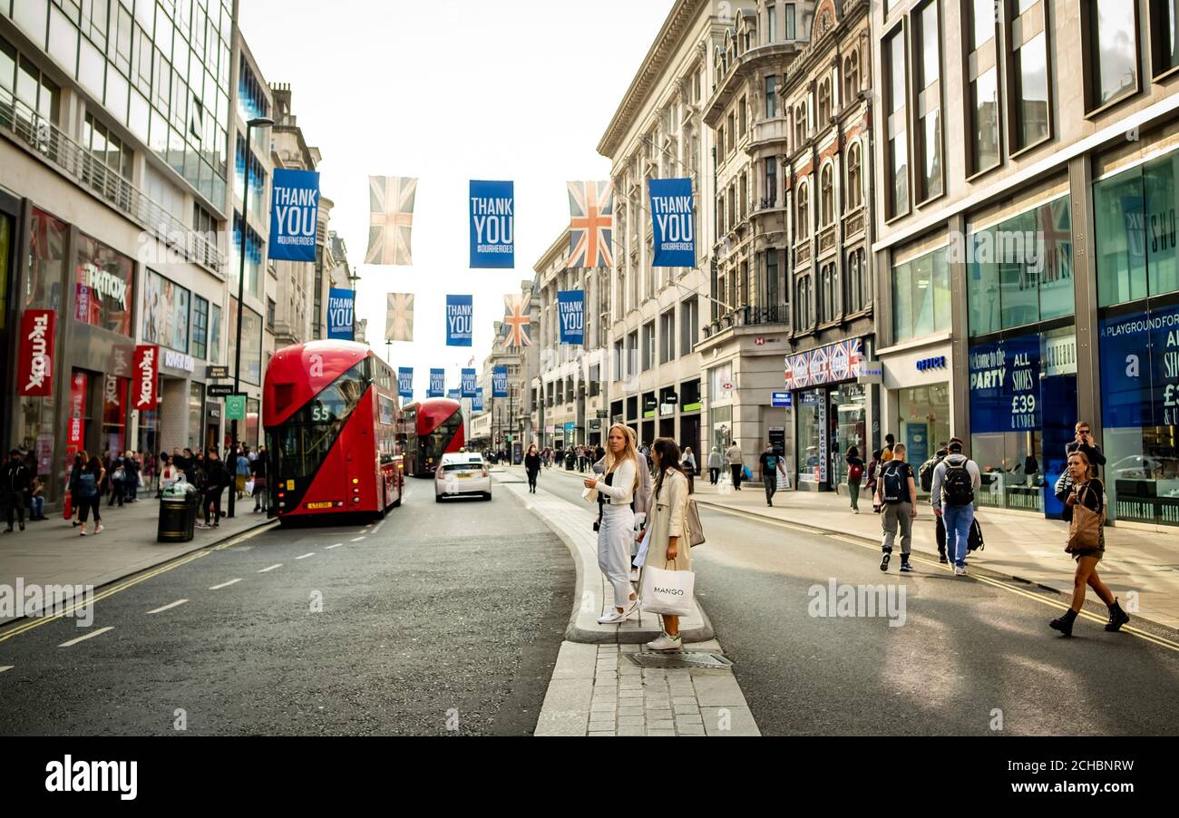 London- September, 2020: People shopping on Oxford Street in the west end. A world famous London landmark and retail destination Stock Photo