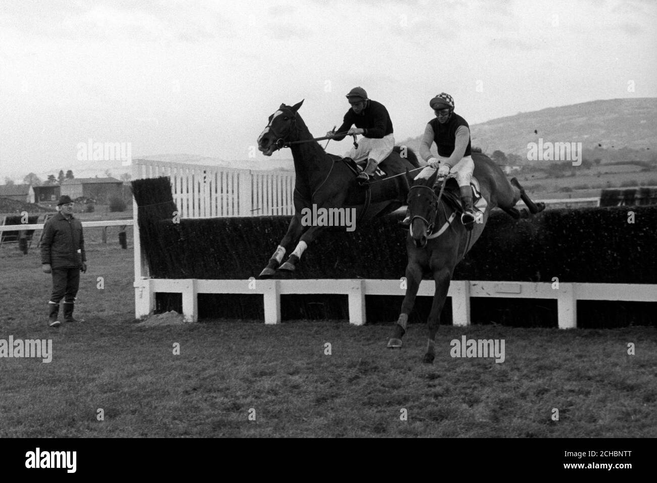 Taking the last fence in The Massey-Ferguson Gold Cup Handicap Steeple Chase, the winner, Pendil (No.2, right), R. Pitman up, jumping with Helmsman (No.12), A. Turnell up. The Dikler, Ron Barry up, was third. Stock Photo