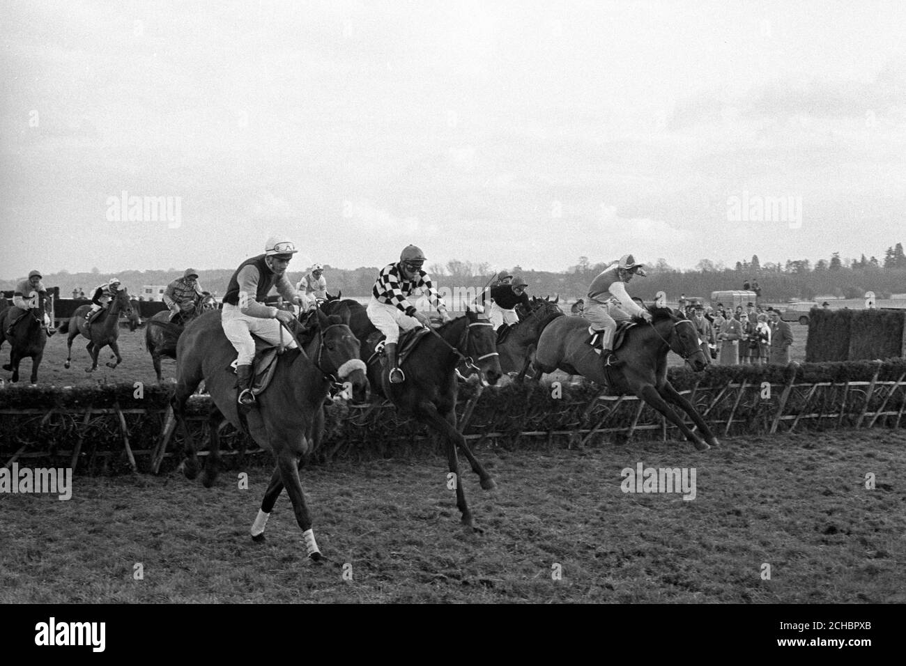 'Persian War' (left), ridden by Jimmy Uttley, finished first from second-placed 'Major Rose' (centre), ridden by Josh Gifford, and third-placed 'Sempervivum' (r), ridden by J. Jennings, in the Schweppes Gold Trophy Handicap Hurdle Race at Newbury. Stock Photo