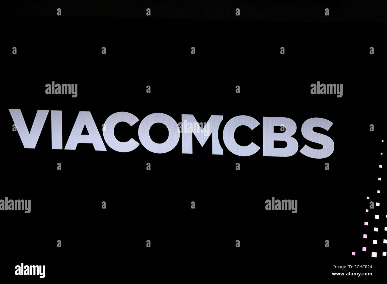 The ViacomCBS logo is displayed on the Nasdaq MarketSite to celebrate the company's merger, in New York, U.S., December 5, 2019. REUTERS/Brendan McDermid Stock Photo