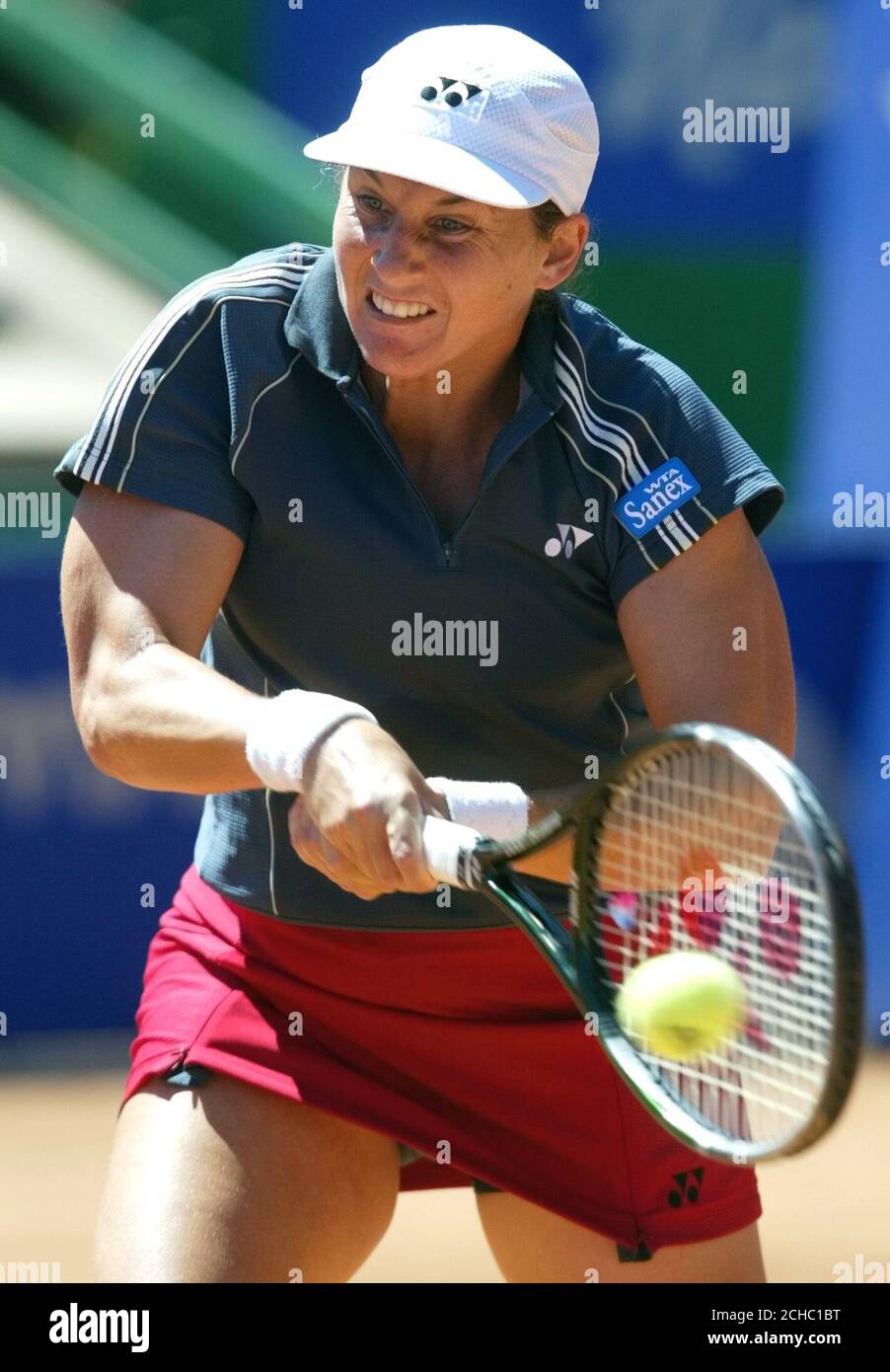 Tennis player Monica Seles of the United States returns a ball to her  countrywoman Chanda Rubin during their final of the Spanish Women's Open in  Madrid, May 25, 2002. Seles won 6-4