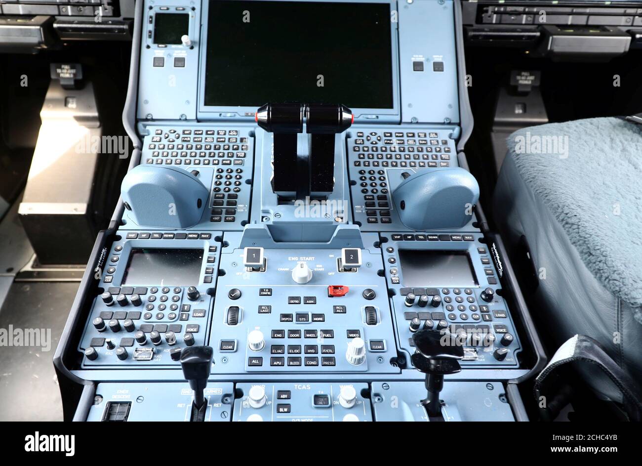 The cockpit of an Airbus A350-900 of Ethiopian Airlines is photographed during a site-inspection at Fraport airport in Frankfurt, Germany, May 22, 2017. REUTERS/Kai Pfaffenbach Stock Photo