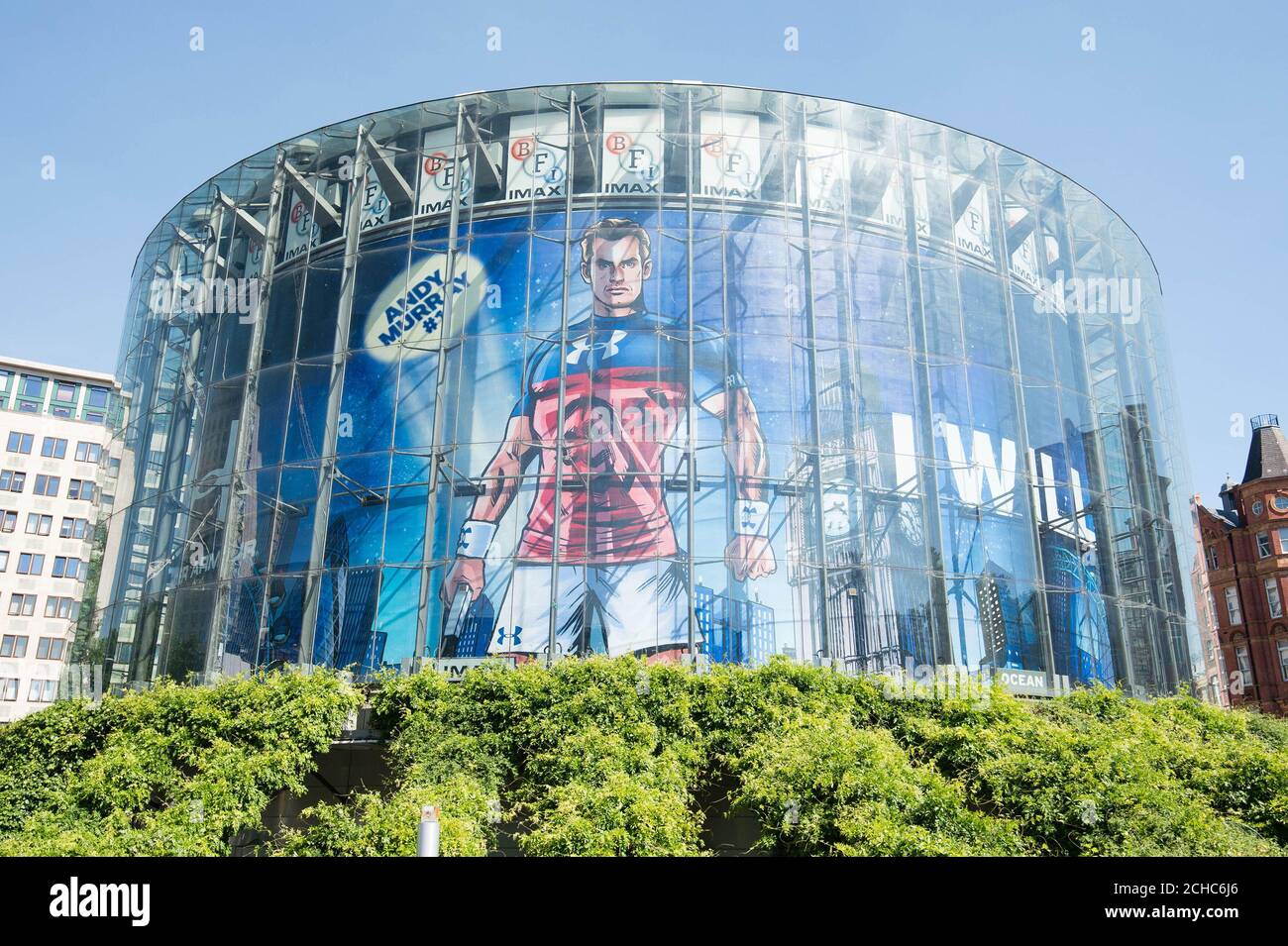 A superhero inspired illustration of Andy Murray, created by artist David Boller, is unveiled by clothing brand Under Armour at the IMAX cinema in Waterloo, London. Stock Photo