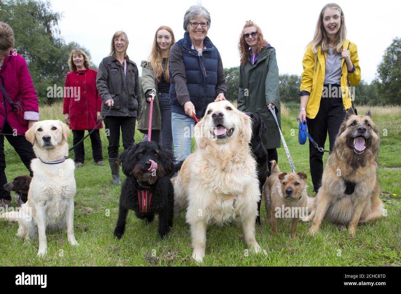 Melton Mowbray residents and their pets celebrate the opening of a new dog activity trail in Melton Country Park in Leicestershire, which has been installed as part of the pet-friendly initiatives being rolled out by the local council and Mars Petcare. Stock Photo