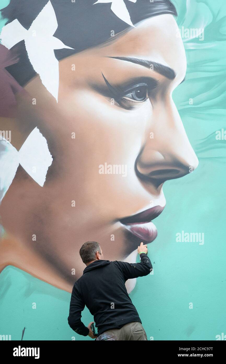 Graffiti artist 'Jody' works on a huge mural, titled 'Reverie', on a house as he takes part in Upfest, a street art and graffiti festival in Bristol. Stock Photo