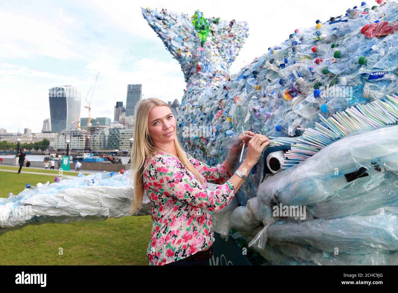 Jodie Kidd joins Sky Ocean Rescue to unveil a 10-metre long whale at Potters Fields Park in London, which is made entirely from recycled plastic recovered from the ocean, beach cleans and local recycling plants to raise awareness of the issue of ocean health. PRESS ASSOCIATION Photo. Picture date: Tuesday August 15, 2017. Photo credit should read: Matt Alexander/PA Wire PRESS ASSOCIATION Photo. Picture date: Tuesday August 15, 2017. See PA story ENVIRONMENT Whale. Photo credit should read: Matt Alexander/PA Wire Stock Photo