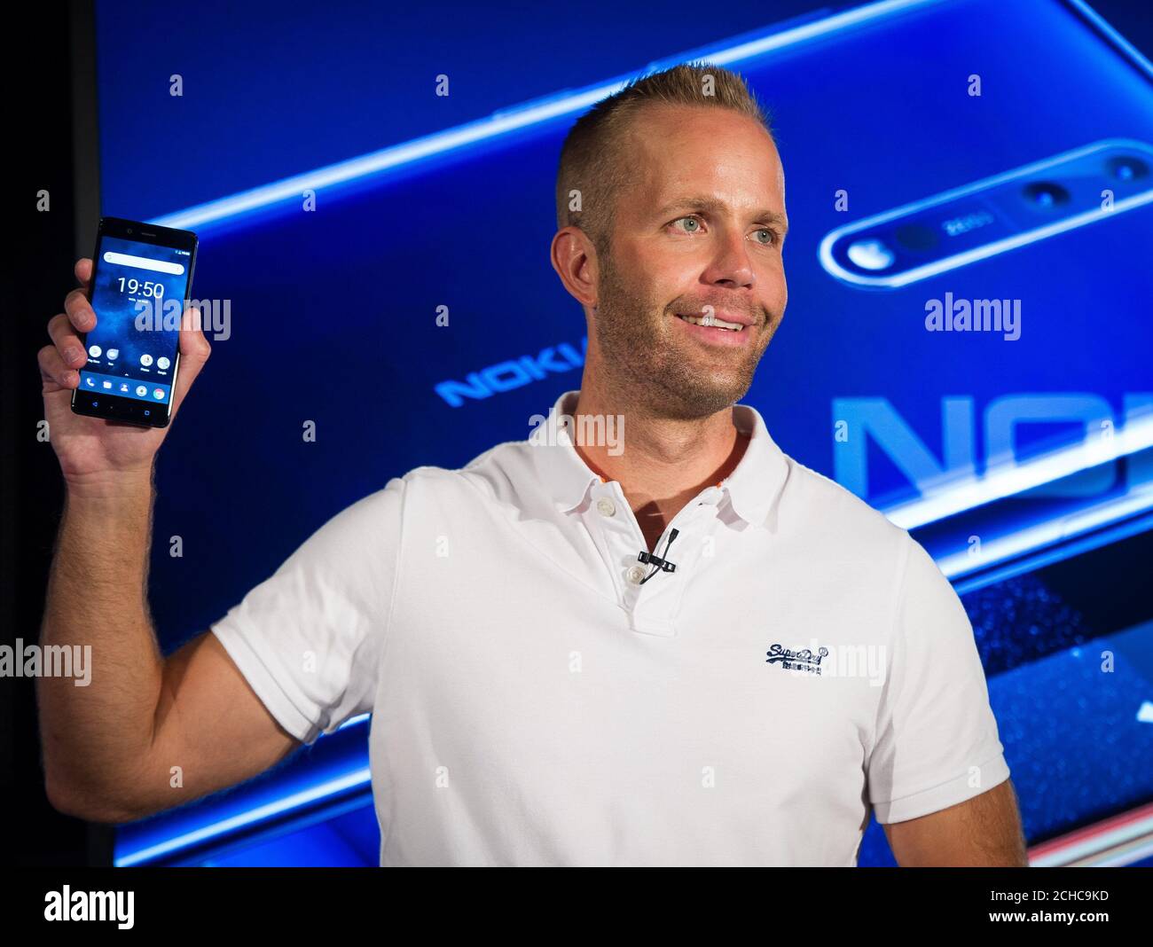 Juho Sarvikas, chief product officer for HMD Global, at the launch event for the new Nokia 8 at Tower Bridge in London. Stock Photo