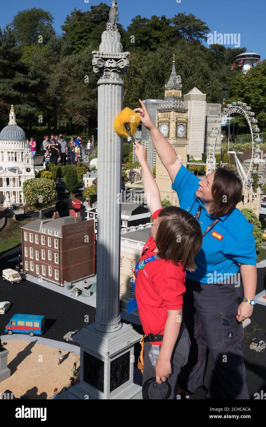 Stanley Bolland, six, from Hampshire, as he undertakes some work experience as a 'Model Maker' with Models and Theming Co-ordinator Paula Laughton, at the Legoland Windsor Resort in Berkshire, after writing a letter applying for a job he saw advertised at the attraction in his local newspaper. PRESS ASSOCIATION. Issue date: Sunday September 3, 2017. Photo credit should read: David Parry/PA Wire Stock Photo