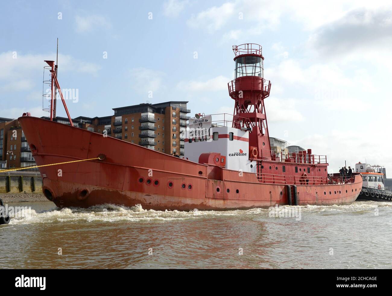 EDITORIAL USE ONLY A replica of the original 1960&Otilde;s pirate Radio  Caroline ship, sails down the Thames in London, with legendary DJ Emperor  Rosko on board to launch Last Pirate FM, a