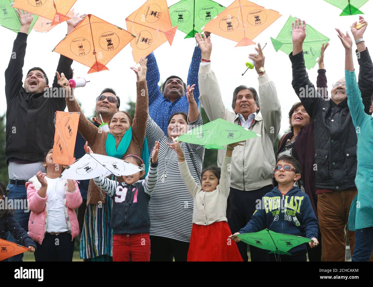 Hundreds of kites are launched into the sky by Zee TV to celebrate India's 70 years of Independence, in association with the Indian High Commission, in Isleworth. Stock Photo