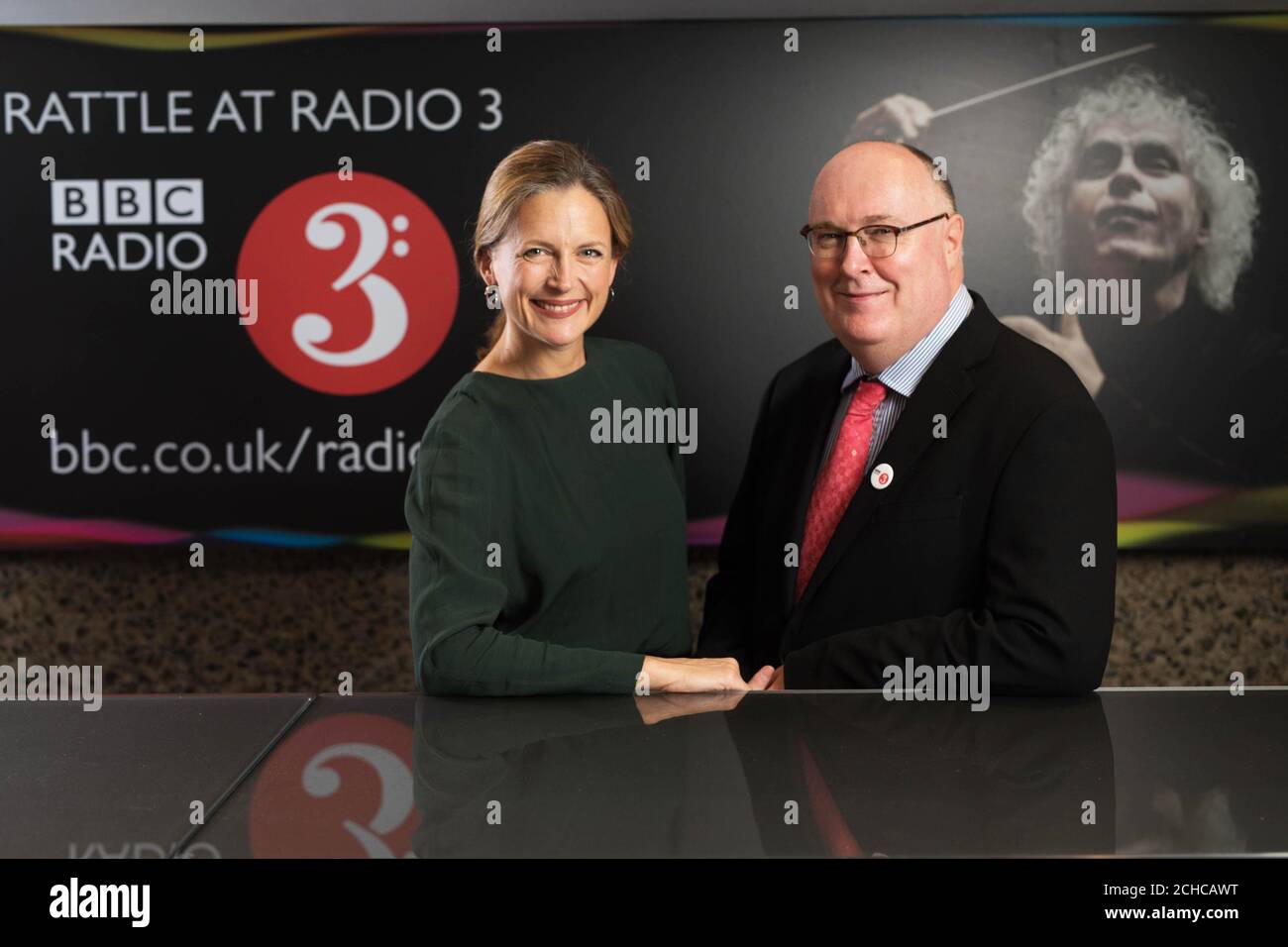 EDITORIAL USE ONLY Katie Derham and Alan Davey launch the BBC Radio 3  exhibition 'Rattle at Radio 3' at the Barbican Centre in London, which  features archive audio and visual material of