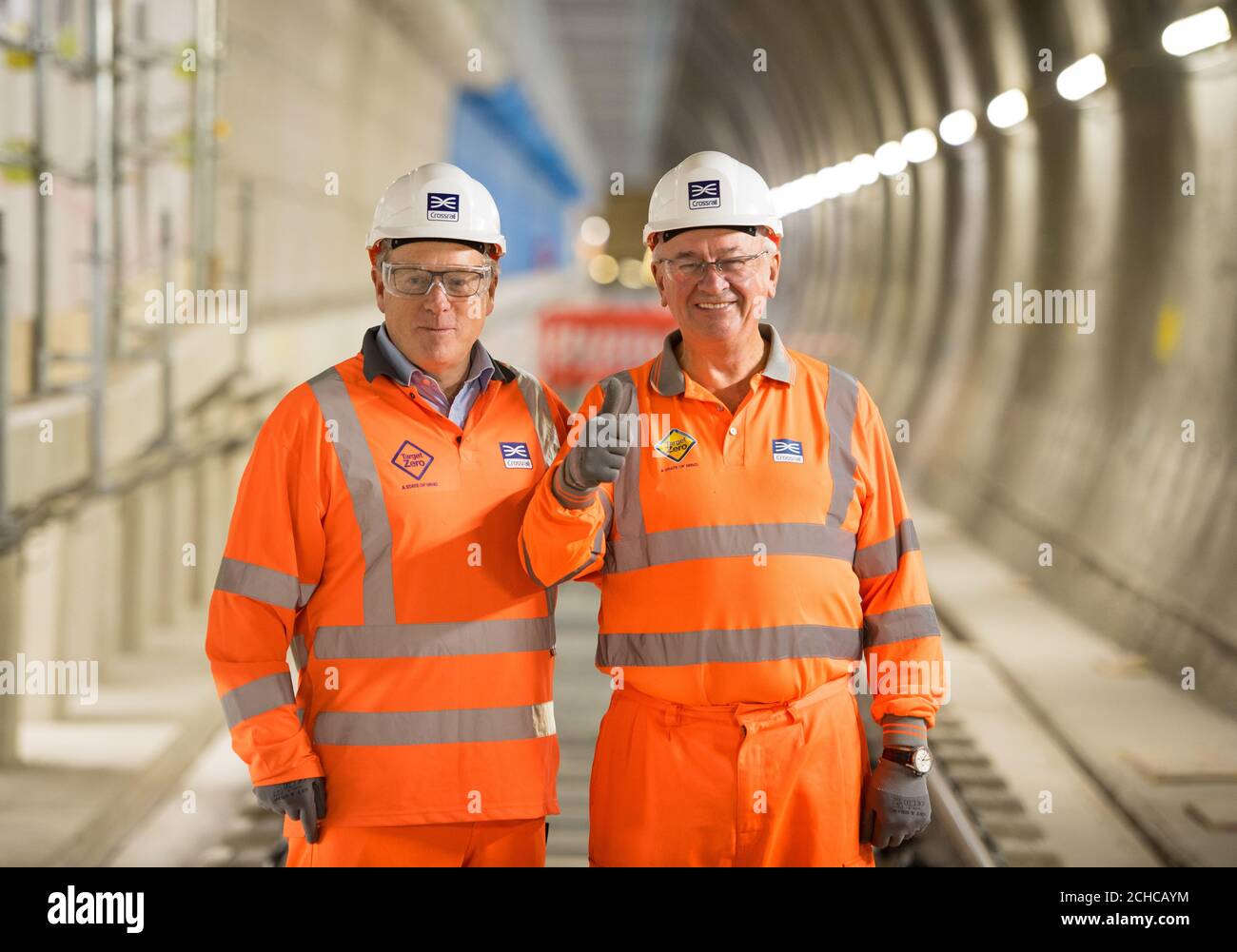 Chief Executive of Crossrail Andrew Wolstenholme (lefT) and Chairman of Crossrail Sir Terry Morgan as the Crossrail project celebrates the completion of permanent Elizabeth line track in Whitechapel, east London. PRESS ASSOCIATION Photo. Issue date: Thursday September 14, 2017. The Elizabeth line will run from Reading and Heathrow in the west, through 42km of new tunnels under London to Shenfield and Abbey Wood in the east, adding 10 new stations and upgrading to 30 more to fully integrate new and existing infrastructure. See PA story TRANSPORT Crossrail. Photo credit should read: Dominic Lipi Stock Photo