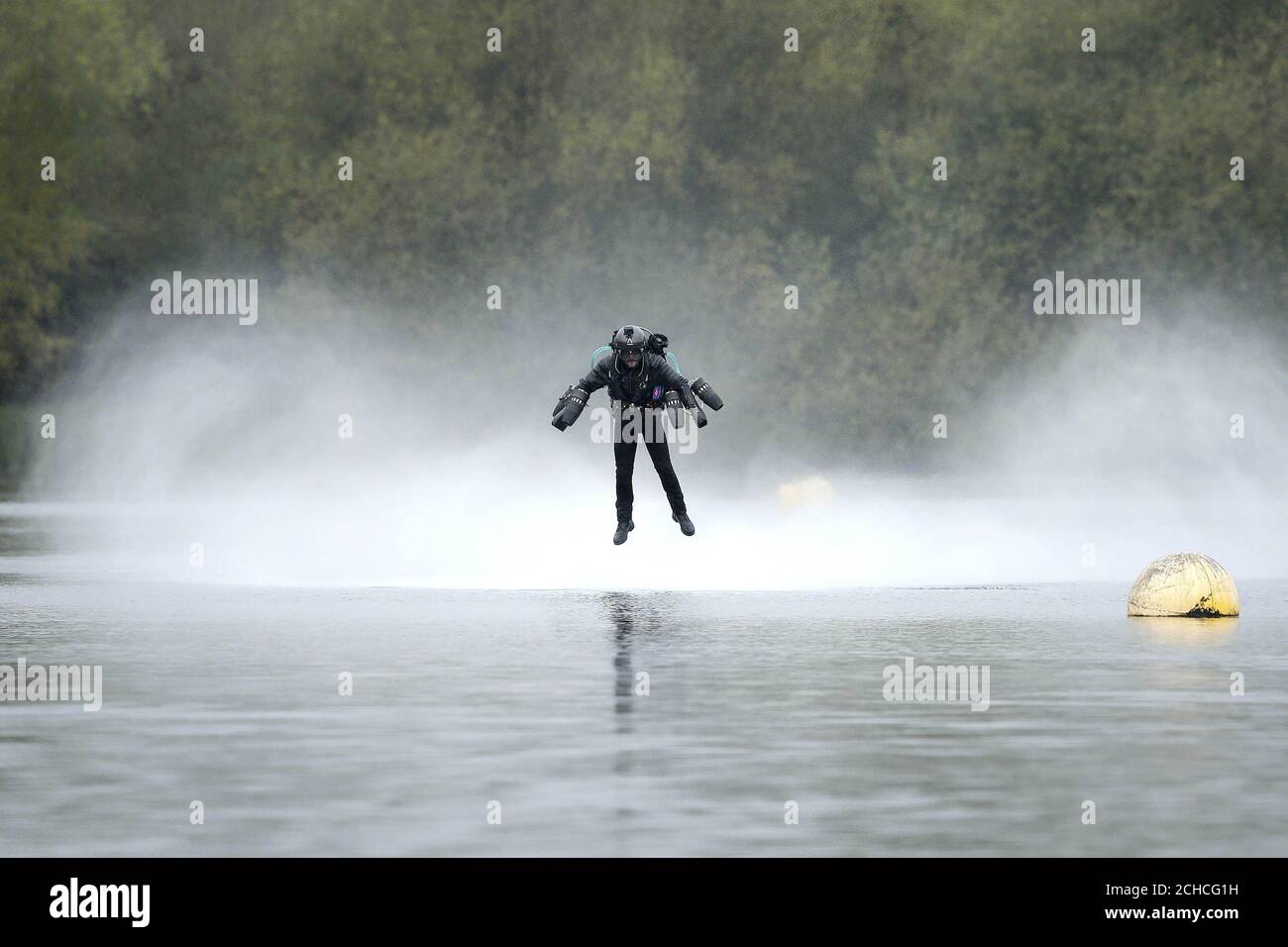 Richard Browning, founder and pilot at Gravity Industries Ltd, sets the Guinness World Record for 'the fastest speed in a body-controlled jet engine power suit', at Lagoona Park in Reading, in celebration of Guinness World Records Day 2017 Stock Photo
