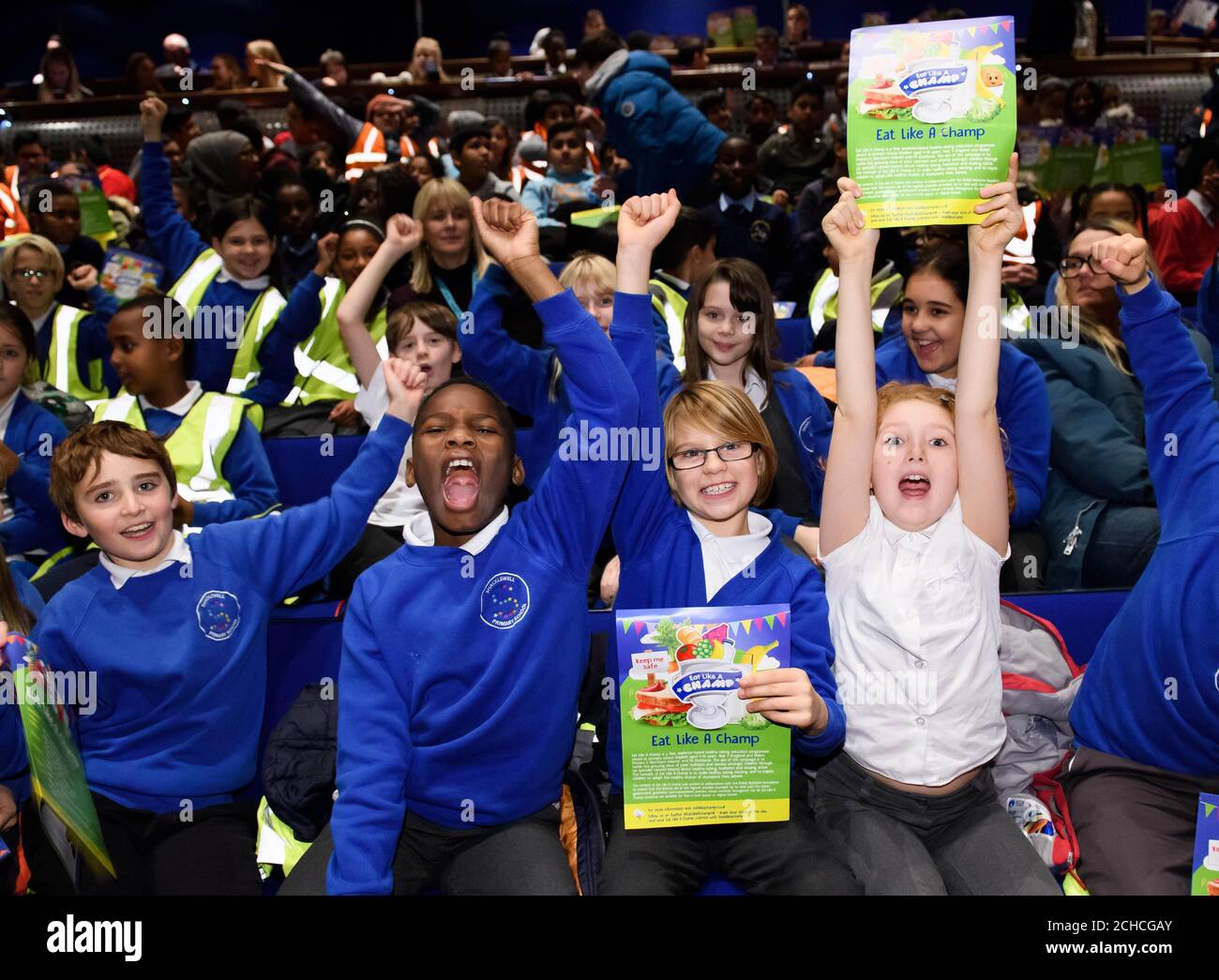 EDITORIAL USE ONLY Pupils and teachers from Newham at the Eat Like A Champ showcase, a free healthy eating education programme supported by Danone, which aims to promote good nutrition and lifestyle, at Stratford Circus Arts Centre in London.  Stock Photo