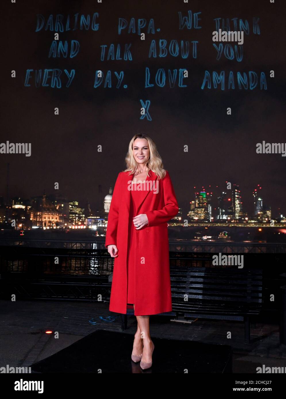 Amanda Holden launches npower's Light Sky campaign in aid of Macmillan Cancer Support, which is a Christmas themed hologram in the sky above London's South Bank that members of the public can donate to and submit a message of love to be featured from tonight until December 1. Stock Photo