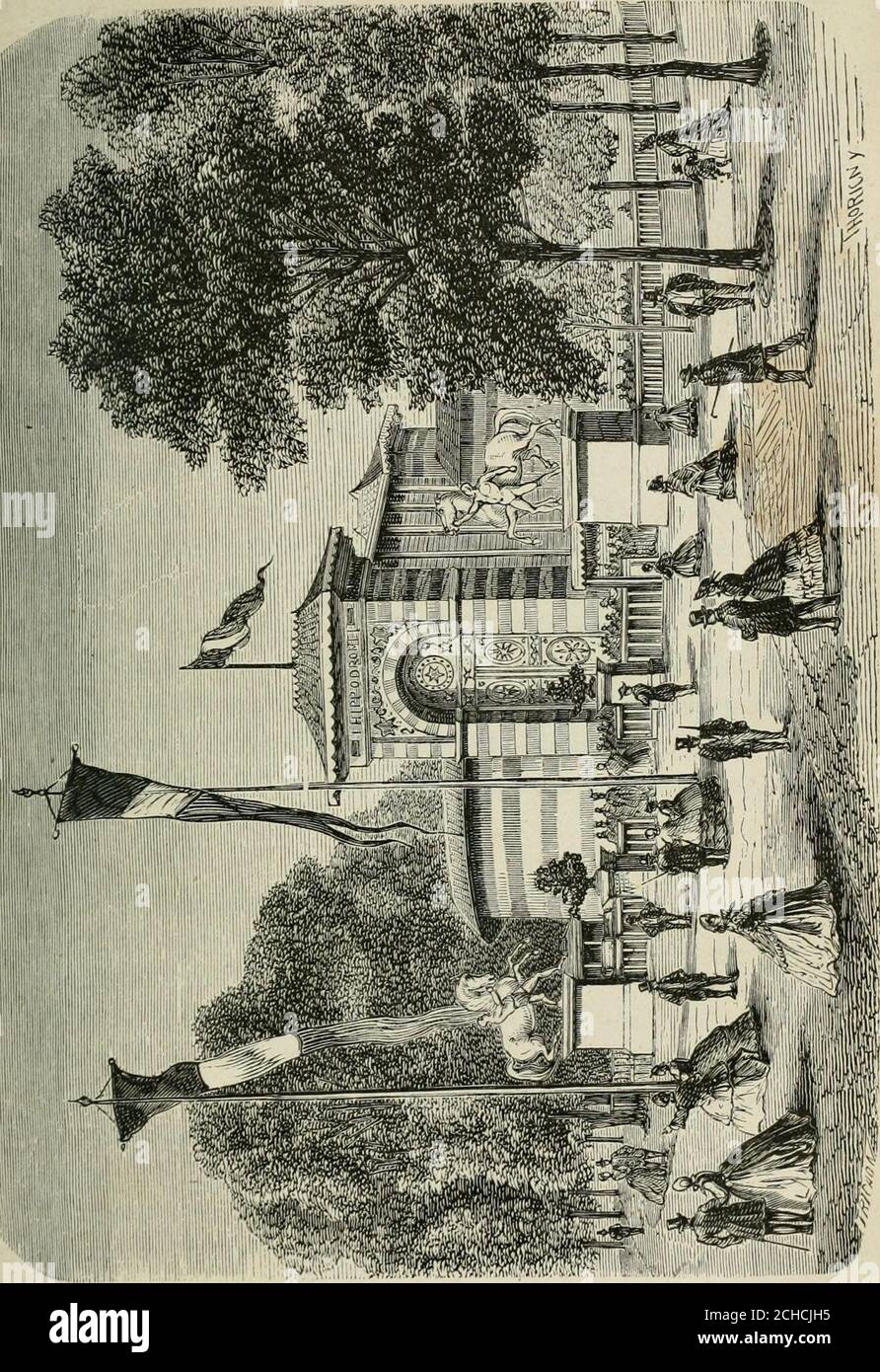 . Les merveilles du nouveau Paris-- . al, aux Champs-Elysées, est très-curieux à visiter : M. le colonel Langlois y représente nosgrands épisodes militaires. (F. page 251.) Le Théâtre Séraphin fait les délices des petits enfants. Ony montre la classique ombre chinoise et lon y donne despièces jouées par des marionnettes que quelques comiquesdu Palais-Royal et des Variétés ne dédaignent pas dimiterdans certains rôles1. ÉTABLISSEMENTS DIVERS. Imprimerie impériale. — Les Gobelins. — École militaire. — Musées duLouvre, du Luxembourg, des Thermes et de Cluny, dartillerie. Parmi les établissements p Stock Photo