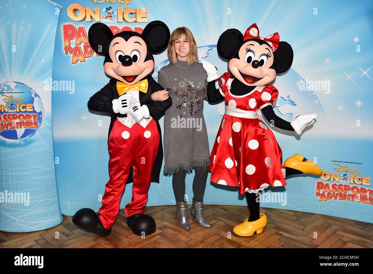 Kate Garraway meets Mickey and Minnie Mouse at the opening night of Disney On Ice Passport to Adventure at the O2 Arena from December 20th until December 30th, London. Stock Photo