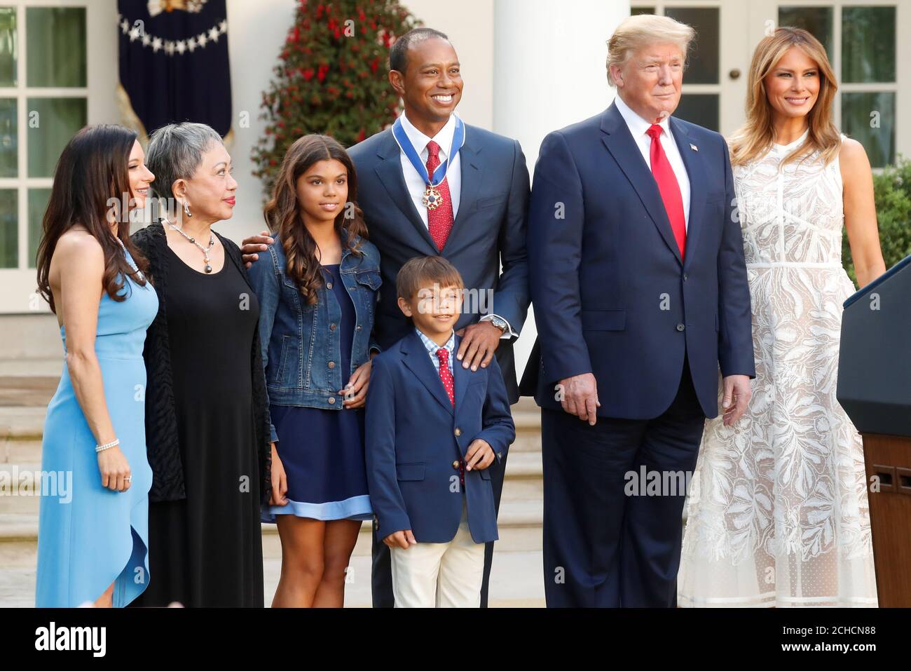 Golfer Tiger Woods Poses With U S President Of The United States Donald Trump And First Lady