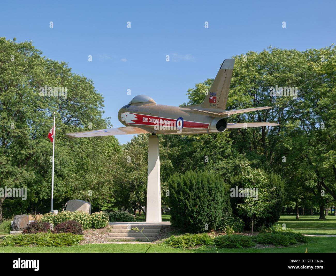Royal Canadian Air Force Memorial in Germain Park With A F-86 MkV Sabre Golden Hawks Fighter Aerobatics Flying Team Jet Display Aircraft Stock Photo