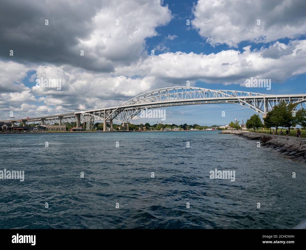 Under The Blue Water Bridge Spanning The St Clair River In Sarnia Ontario Canada The International Crossing Point On The Canadian U.S. Border Stock Photo
