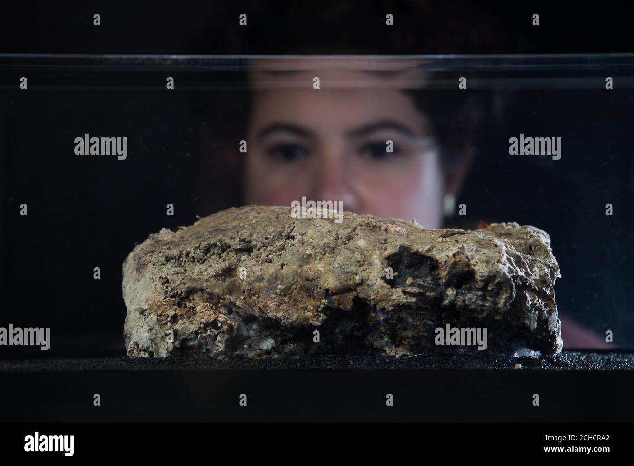 EDITORIAL USE ONLY Katie Balcombe looks at the last remaining piece of a monster fatberg that was discovered in Whitechapel sewers last September and goes on display on Friday at the Museum of London. PRESS ASSOCIATION. Photo. Picture date: Thursday February 8, 2018. Once weighing a 130 tonnes, the equivalent of 11 double decker buses and stretching over 250 metres, the museum has worked with industry experts and carried out scientific analysis in order to conserve a sample to display in specially sealed units. The 'Fatberg!' display continues until July 1st. Photo credit should read: David Pa Stock Photo