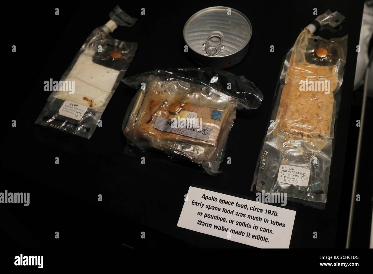 Examples of space food used during the Apollo missions are displayed at the Cradle of Aviation Museum in Garden City, New York, U.S., July 17, 2019. REUTERS/Lucas Jackson Stock Photo