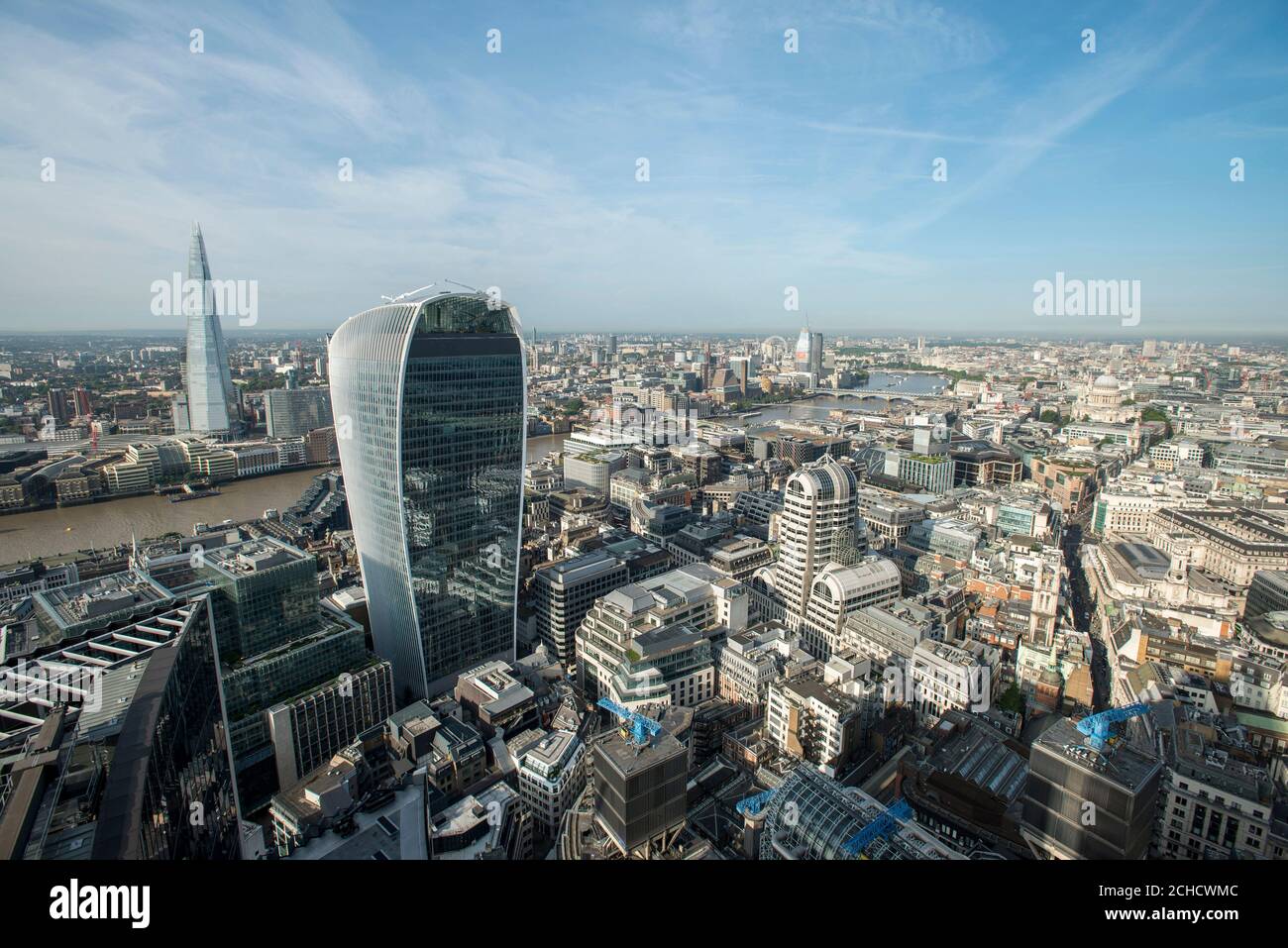 View from top of the Scalpel looking west along the River Thames. The Walkie-Talkie is prominent in the foreground. London Cityscapes and Skyline  201 Stock Photo