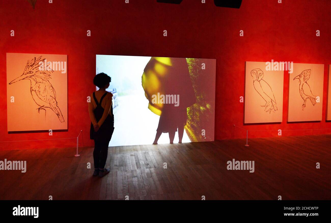 A video by artist Joan Jonas is played during the press preview at the ...