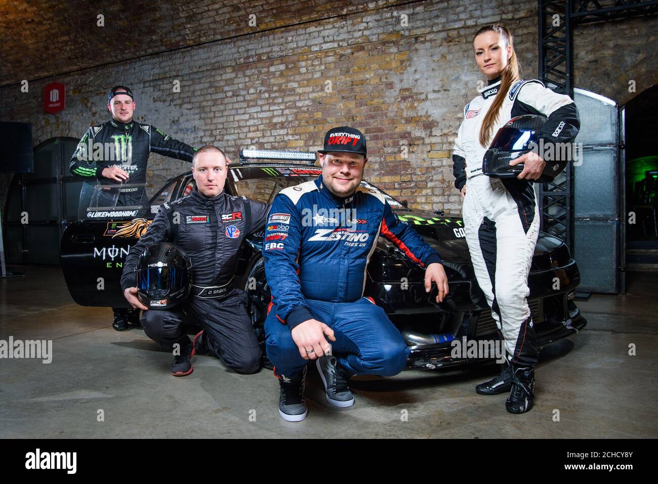Drivers (l-r) Luke Woodham, Dmitrij Sribnyj, Adam Elder and Nikolett Szanto and at the world premiere of Road to Gymkhana GRiD at the Bike Shed in London, which airs in the UK on INSIGHT.TV and Sky564 on April 14th. Stock Photo