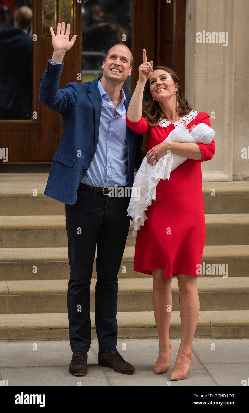 The Duke and Duchess of Cambridge and their newborn son outside the Lindo Wing at St Mary's Hospital in Paddington, London. PRESS ASSOCIATION Photo. Picture date: Monday April 23, 2018. Photo credit should read: Dominic Lipinski/PA Wire Stock Photo