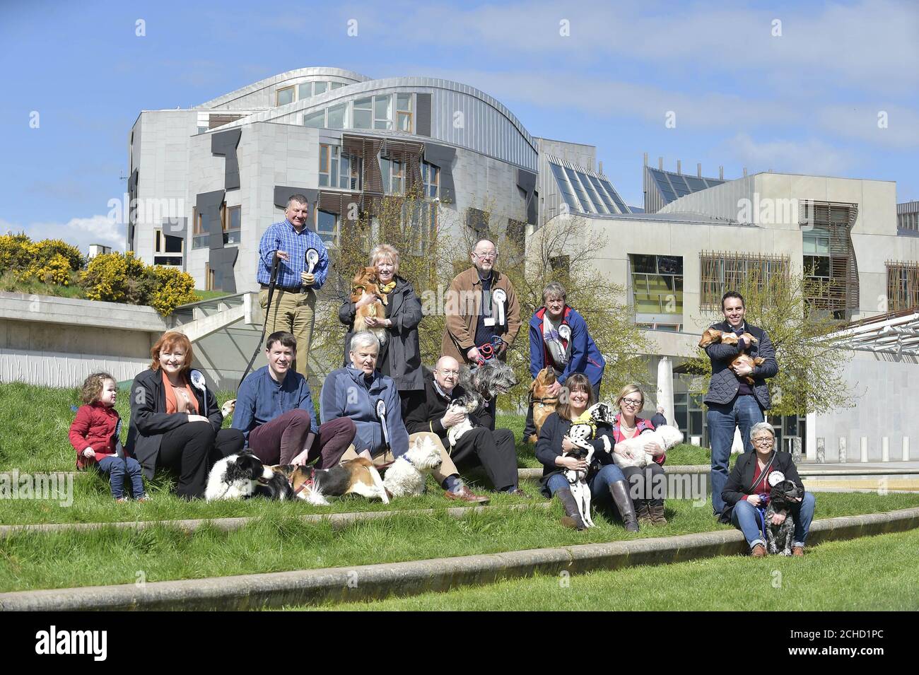 The owner and dog pairs that were involved in the obstacle course after they participated in the Holyrood Dog of the Year 2018 competition at the Scottish Parliament, Edinburgh. Stock Photo