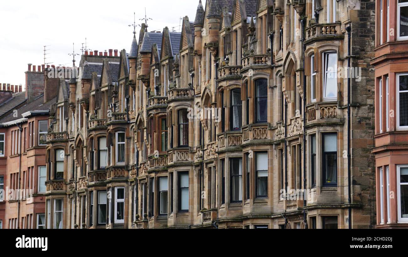 Inverclyde Gardens, a flamboyant Scots Baronial tenement block at 137-159 Broomhill Drive by the architect/ builder William McNicol Whyte Stock Photo