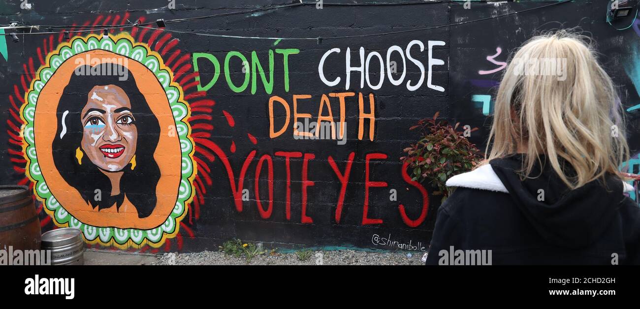 A woman looks at a pro-choice mural in Dublin featuring Savita Halappanavar, urging a yes vote in the referendum to repeal the eighth amendment of the Irish constitution. Stock Photo