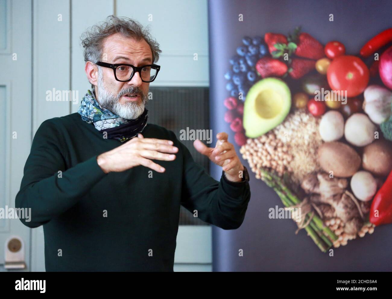 Chef Massimo Bottura hosts an event with Grundig to celebrate the new partnership of his charity Food For Soul, a non-profit organization to promote social awareness about food wastage and hunger, and the home appliance brand, Earls Court, London. Stock Photo