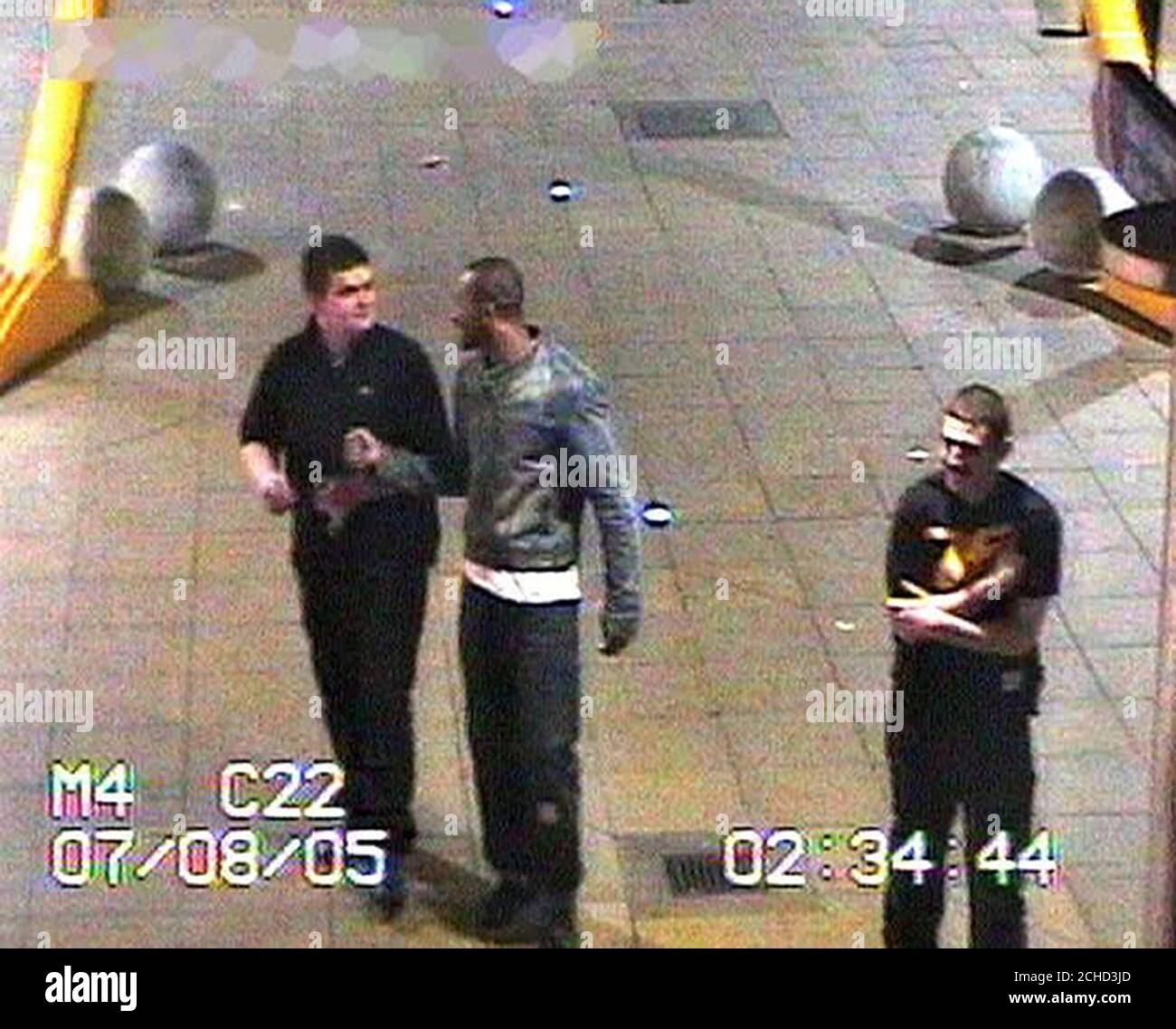 Metropolitan Police CCTV image dated 08/07/2005 of (left to right): Timmy Sullivan, 19, from Barking, Essex; Michael Onokah, 25, of Ilford, East London and Michael Lynch, 17, of Stratford, east London. Stock Photo